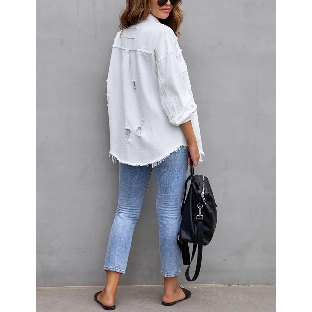 POL Distressed Denim Shacket White Oversized Star Patch XL Jean Jacket - Picture 8 of 9